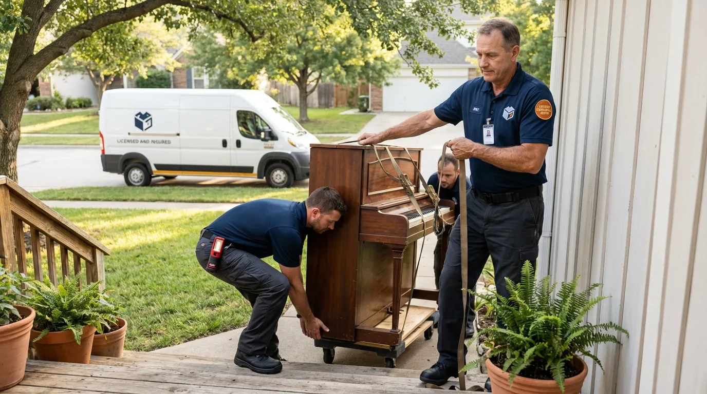 Licensed piano movers securing grand piano in Ramsey, NJ