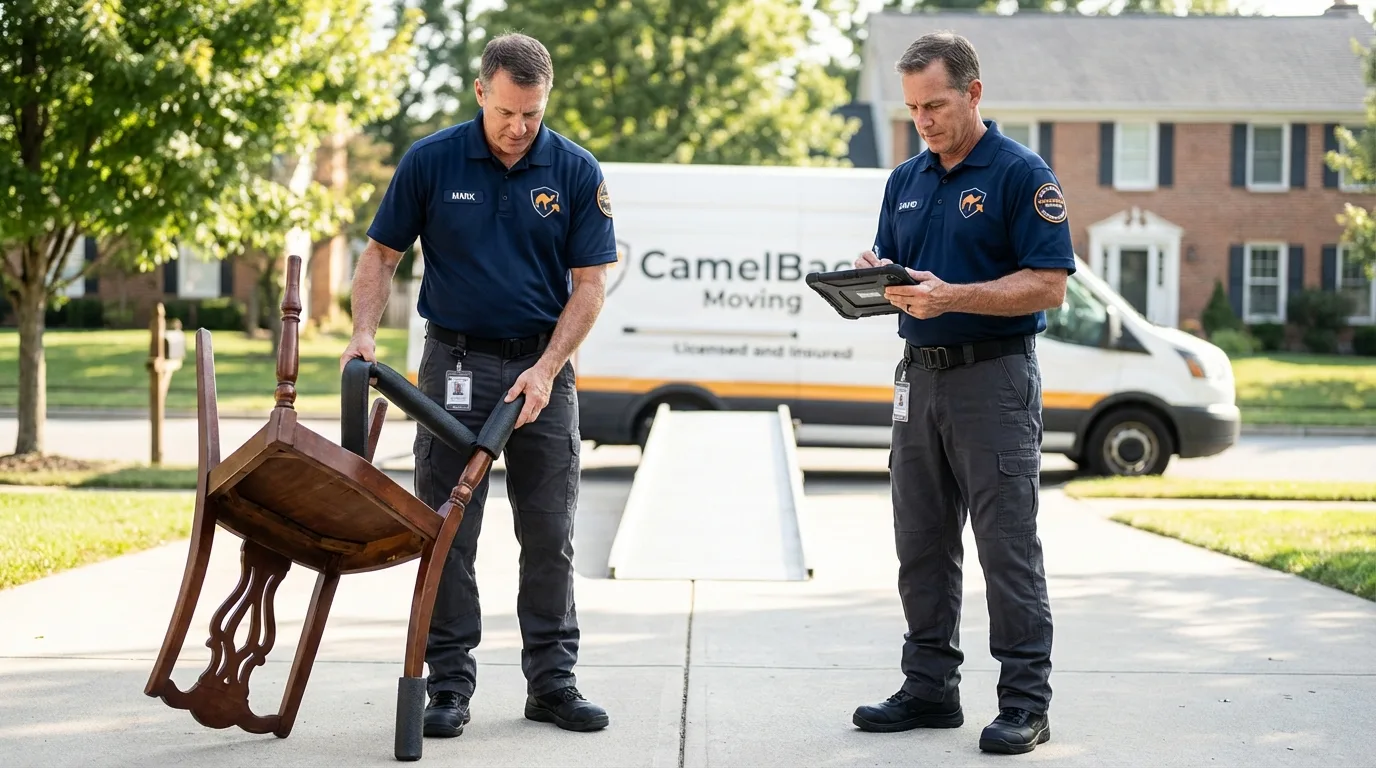 Movers inspecting furniture for damage prevention before loading in Ramsey, NJ